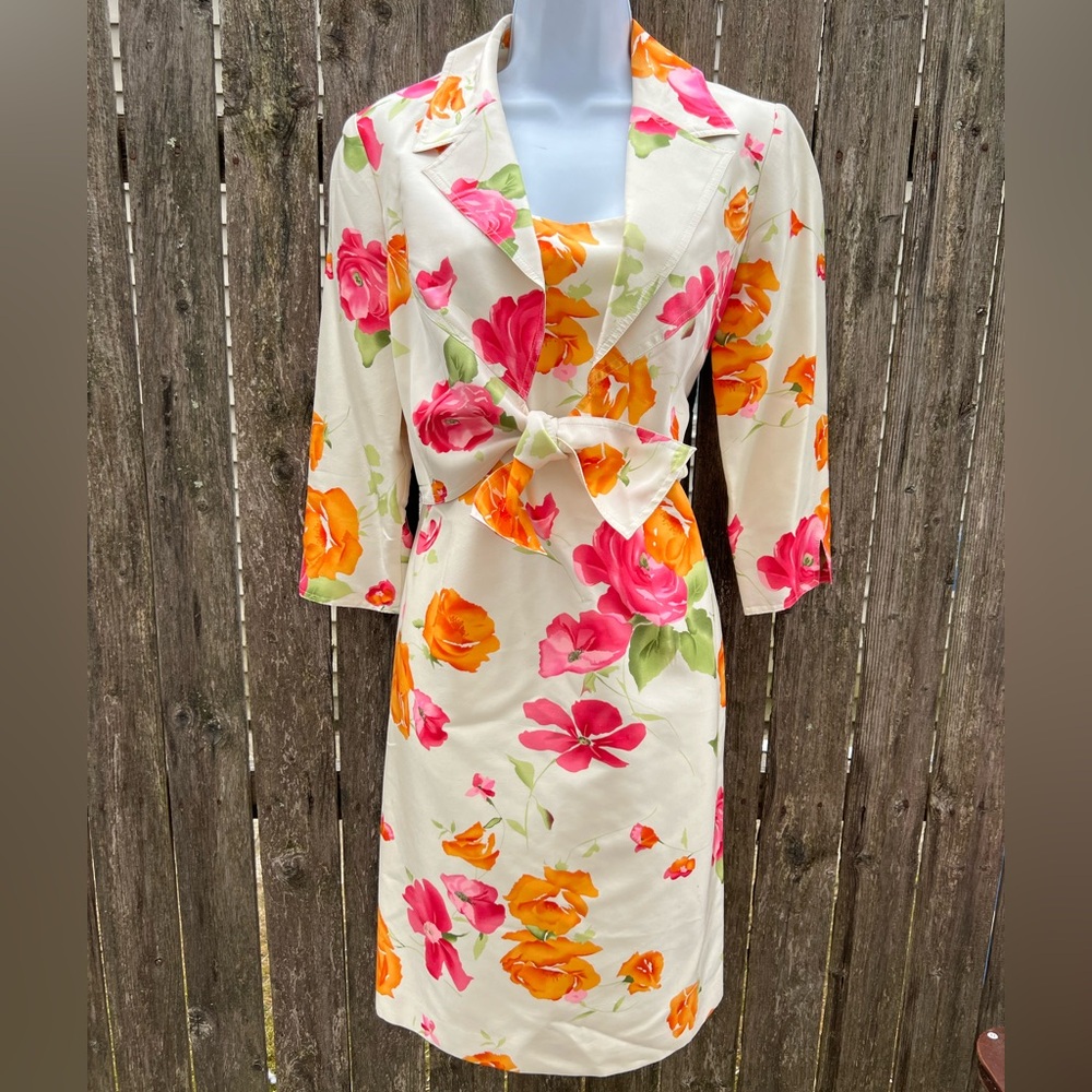 🍎 Teri Jon Silk Floral Sheath Dress With Cropped Jacket Self Tie Size 6 (AA3)
